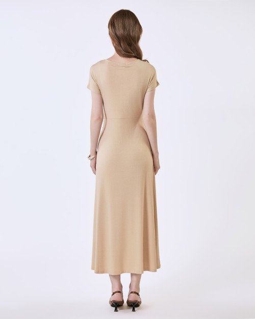 SIXDO G-Beige V-Neck Woven Flared Dress
